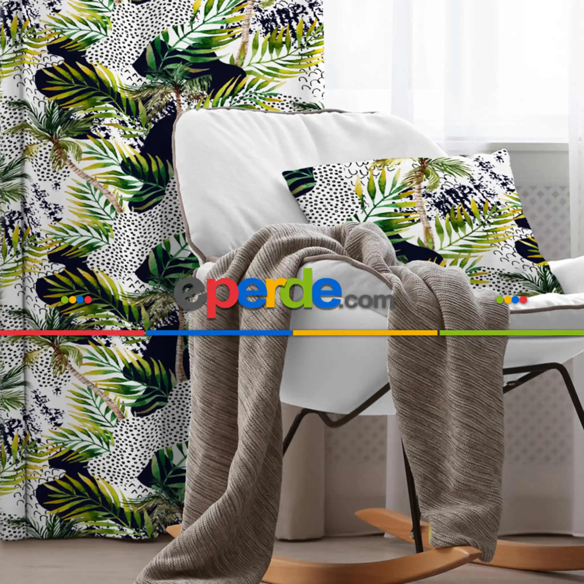 Tropik Desenli Fon Perde Evim584 Kumaşı Kalındır Duck Bezi Değildir- Mavi-beyaz