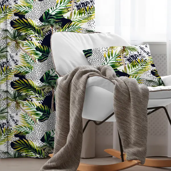 Tropik Desenli Fon Perde Evim584 Kumaşı Kalındır Duck Bezi Değildir- Mavi-beyaz