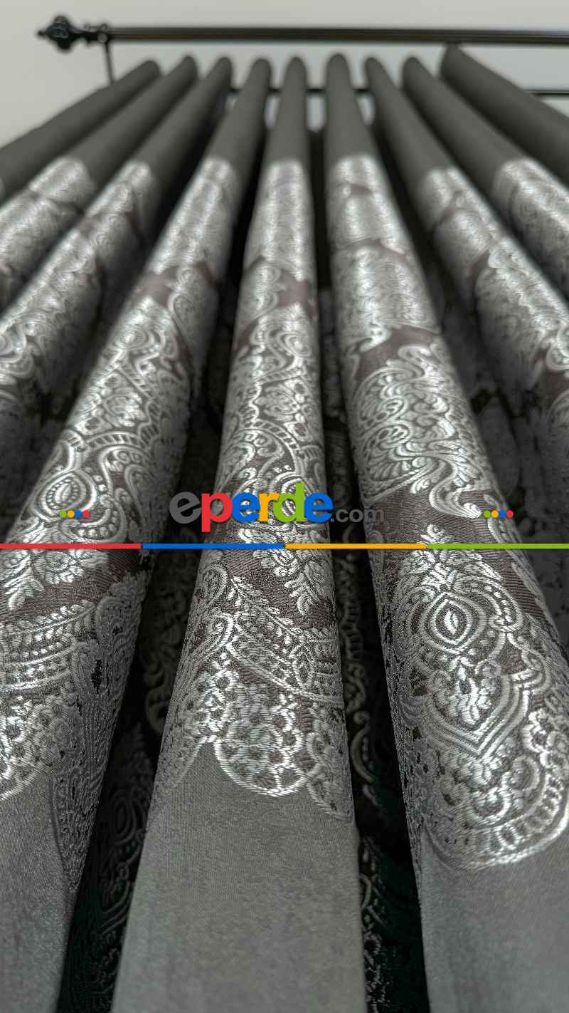 Gri Gümüş Fon Perde, Damask Desenli