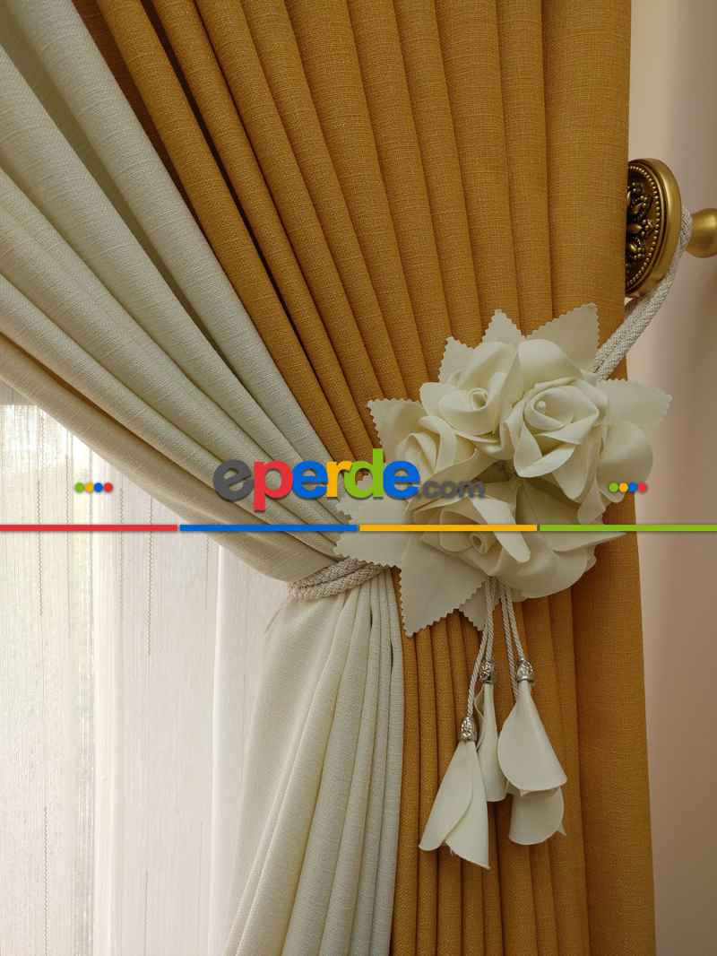 Salon Fon Perde - Hardal Sarı Krem Renk Kombinli Jakar Desenli Fon Perde- Krem