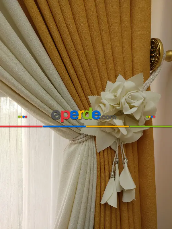 Salon Fon Perde - Hardal Sarı Krem Renk Kombinli Jakar Desenli Fon Perde- Krem