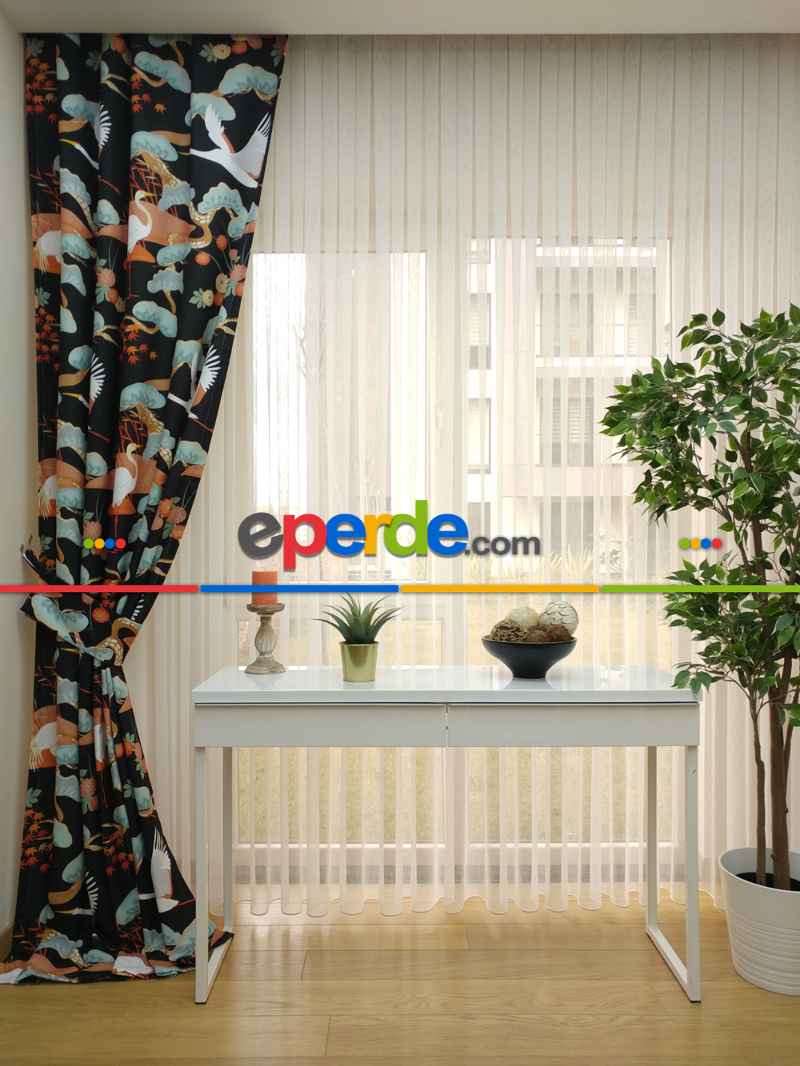 Kuş Resimli Fon Perde Evm289 -h - Kumaşı Kalındır Duck Bezi Değildir.- Siyah-Sarı-Kahve-Çok Renkli