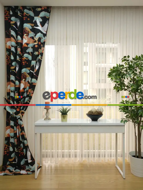 Kuş Resimli Fon Perde Evm289 -h - Kumaşı Kalındır Duck Bezi Değildir.- Siyah-Sarı-Kahve-Çok Renkli