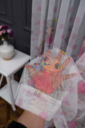 Hazır Ölçülü Petek Zemin Pembe Renkli Prenses Desenli Grek Baskılı Tül Perde