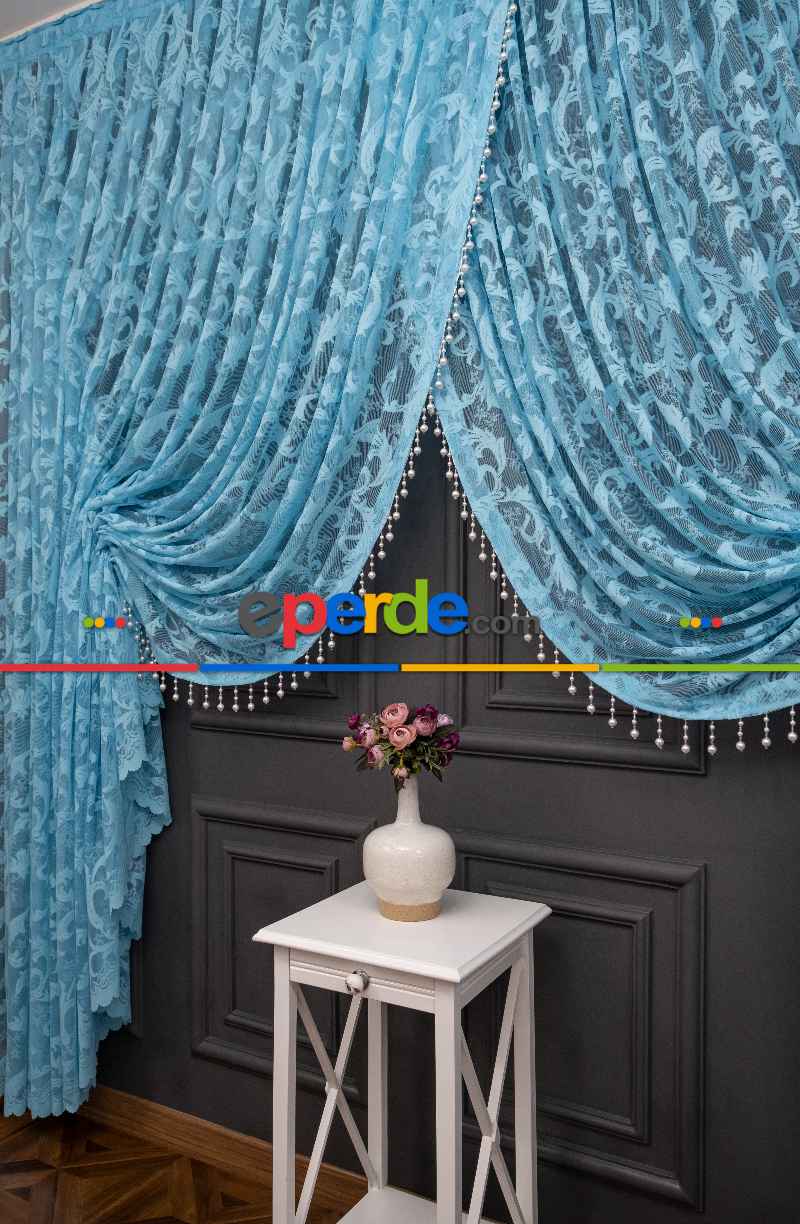 Turkuaz Sarmaşık Desen Şal Model Tül Kruvaze Yanki Tül