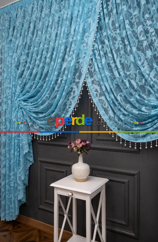 Mutfak Turkuaz Sarmaşık Desen Şal Model Tül Kruvaze Yanki Tül