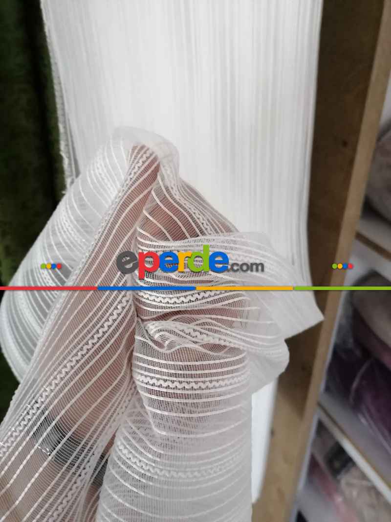 Boyuna Çizgili Simli 7000 Serisi Krem Tül