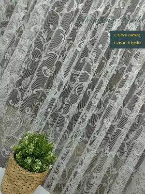 ( Orjinal ) Sarmaşık Desenli Fransız Dantel Tül Perde- Ekru