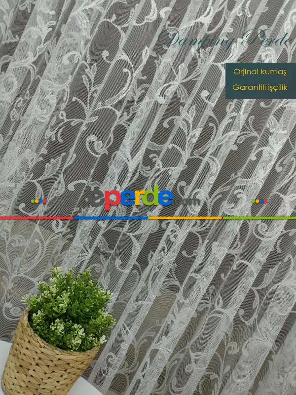 ( Orjinal ) Sarmaşık Desenli Fransız Dantel Tül Perde- Ekru