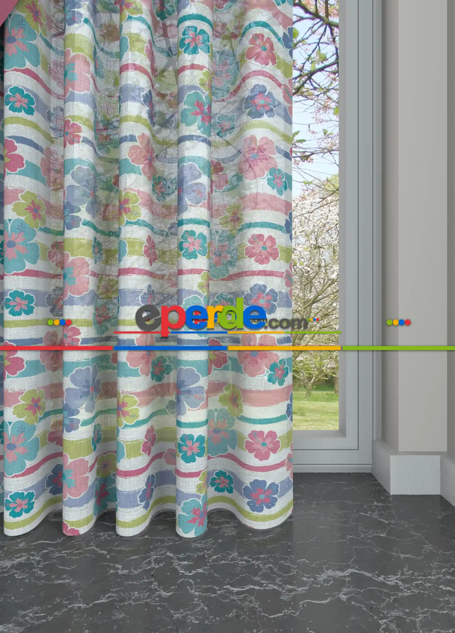 Hazır Ölçülü - Çocuk Odası - Rengarenk Çiçek Desenli Baskılı Keten Zemin Tül Perde (desen Etek Ucundadır) 160cm X 255cm 