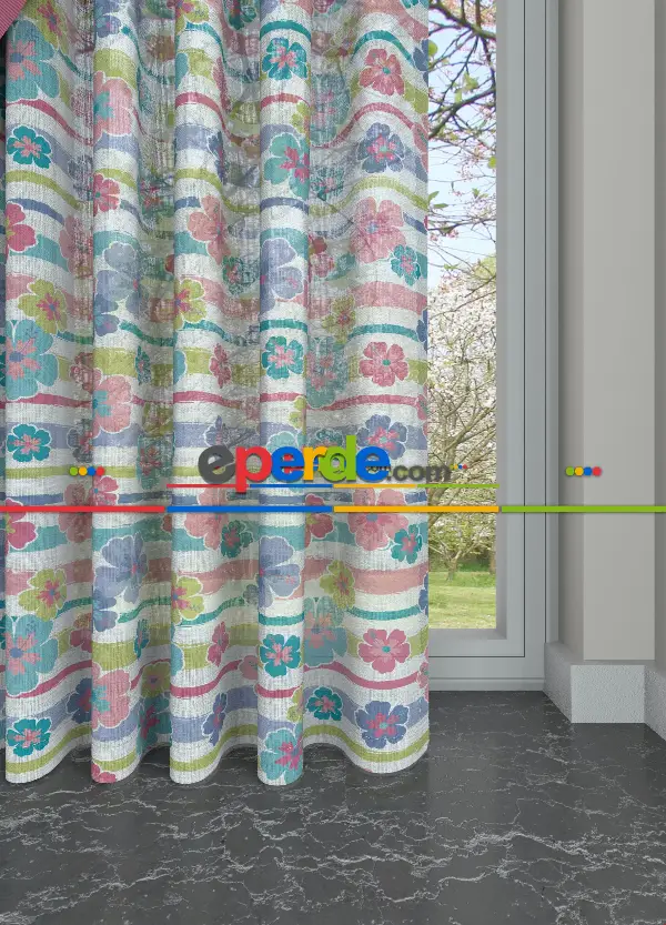 Hazır Ölçülü - Çocuk Odası - Rengarenk Çiçek Desenli Baskılı Keten Zemin Tül Perde (desen Etek Ucundadır) 160cm X 255cm 