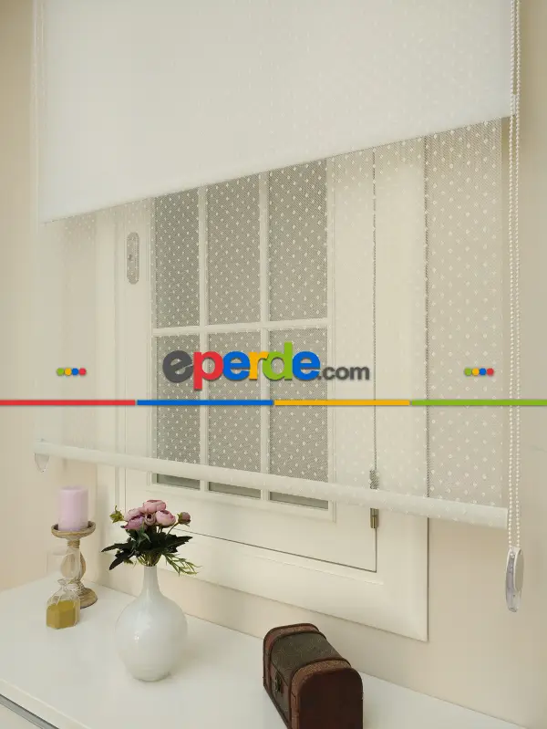 Jakar Örme Tül- Ekru Çiftli Sistem Dantel Desenli Perde- Ekru