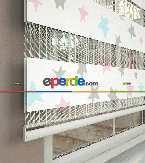 Yıldız Desenli Baskılı Zebra Perde- Çok Renkli