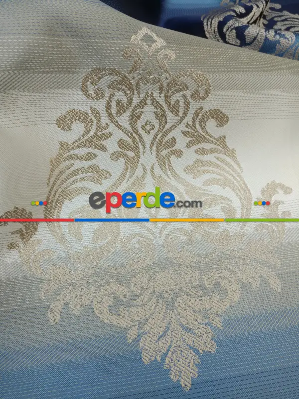 Renk Geçişli Jakar Desenli Salon Fon Perdesi - Lacivert - Mavi - Bej- Lacivert-mavi-bej