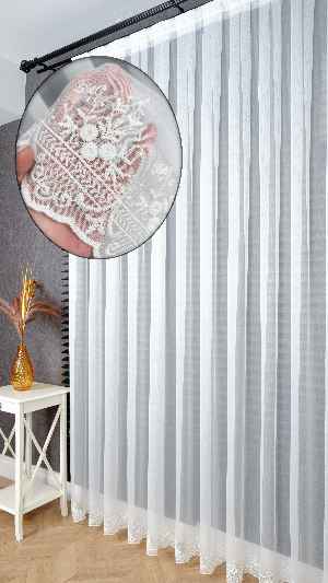 Taç Ekru Etek Çiçek İşlemeli Tül Perde, Ütü İstemeyen Kırışmaz