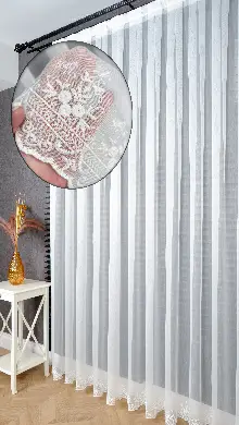 Taç Ekru Etek Çiçek İşlemeli Tül Perde, Ütü İstemeyen Kırışmaz