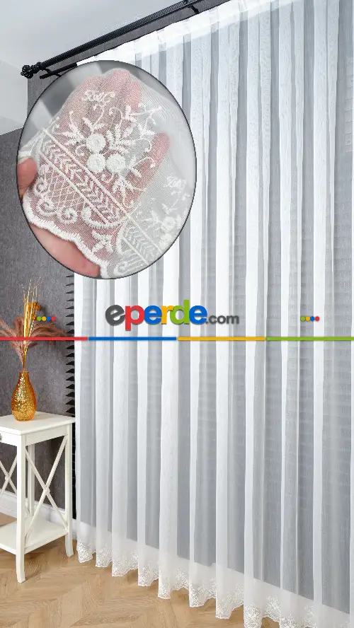 Taç Ekru Etek Çiçek İşlemeli Tül Perde, Ütü İstemeyen Kırışmaz