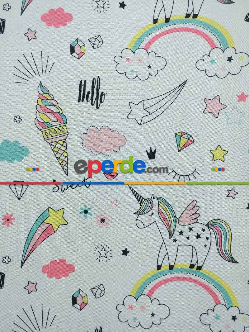Unicorn Desenli Fon Perde Evm681 Kumaşı Kalındır Duck Bezi Değildir- Siyah-Beyaz-Pembe