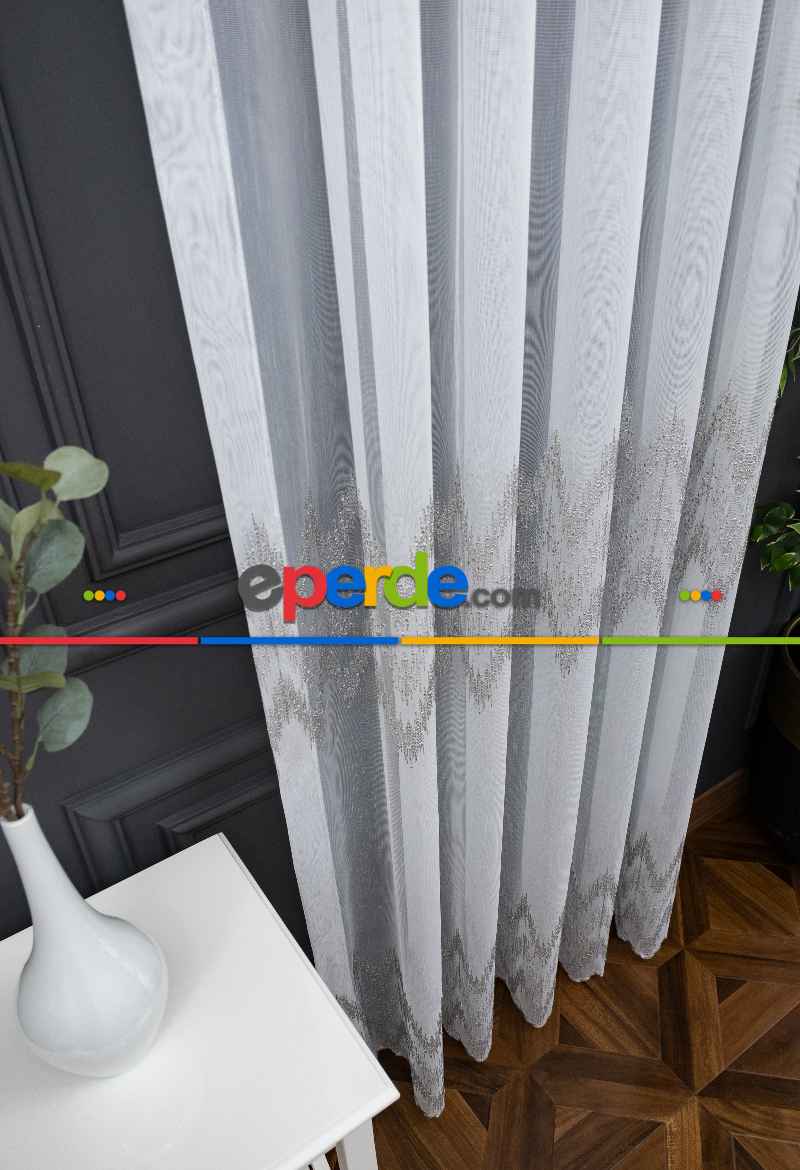 Salon Tül Modelleri - Gri Nakış İşlemeli Hudson Tasarım Tül Perde Modeli