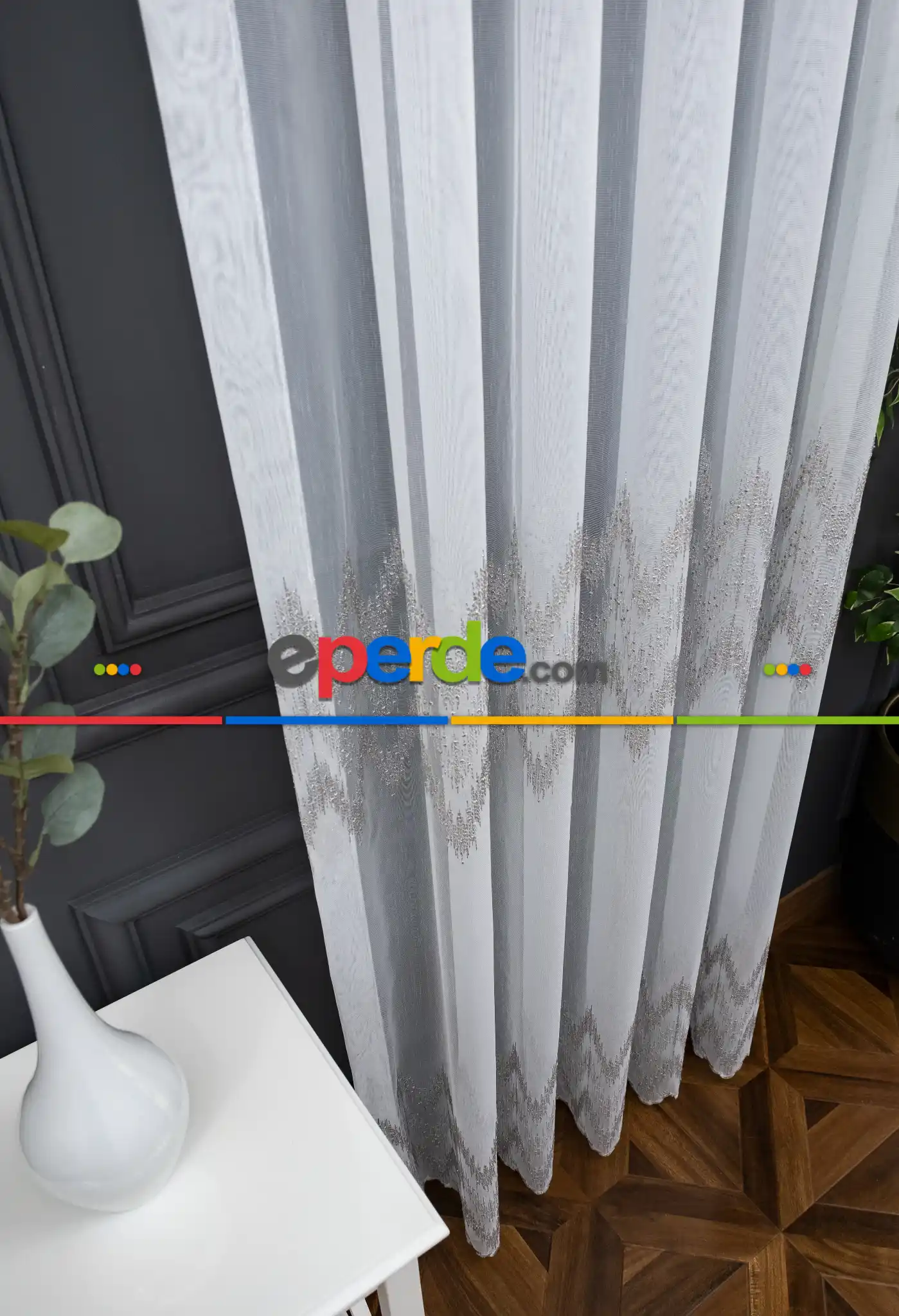 Salon Tül Modelleri - Gri Nakış İşlemeli Hudson Tasarım Tül Perde Modeli