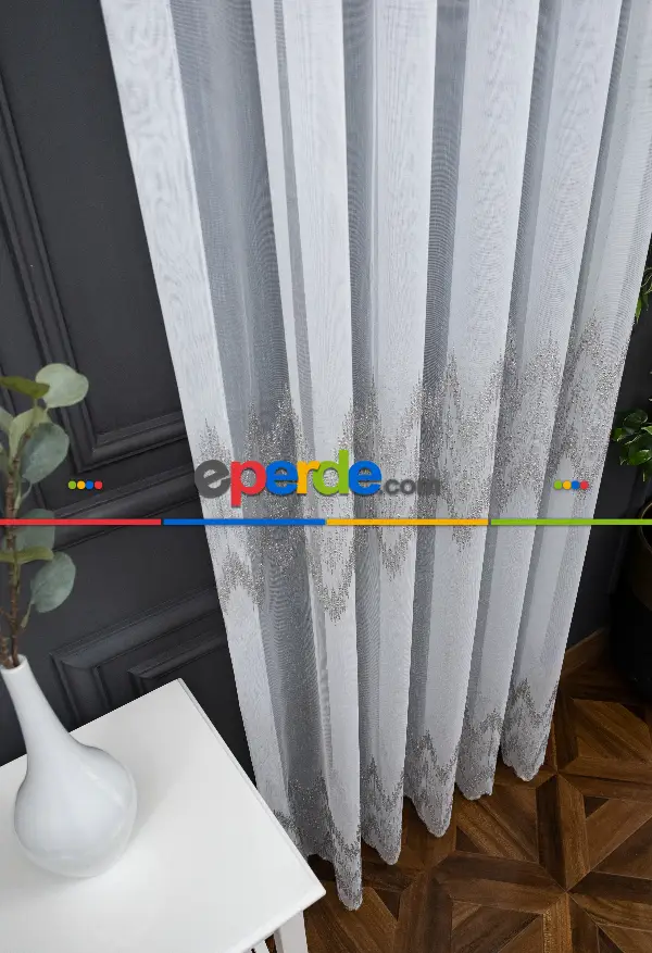 Tül Perde - Desenli Tül Perde - Salon Tül Perde - Etek Ucu Ve Ara Bantlı Gri Nakış İşlemeli Hudson Tasarım Tül Perde Modeli