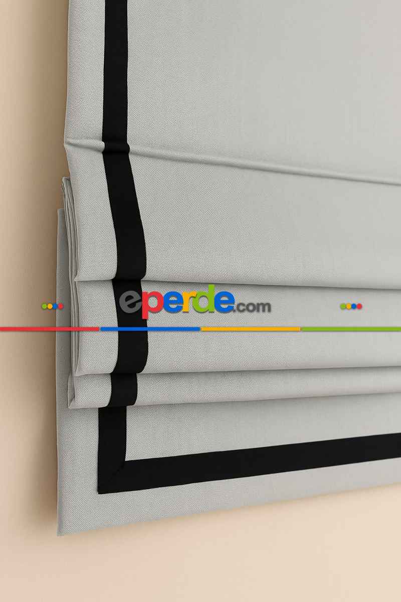 Salon - Katlamalı Perde Antrasit Fon Kumaş Üzerine Siyah Biyeli