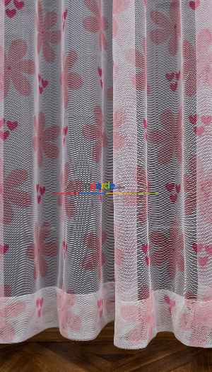 Hazır Ölçülü Petek Zemin Açık Pembe Renkli Kalp Ve Çiçek Desenli Grek Baskılı Tül Perde