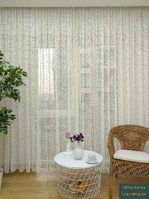 Şal Desen Fransız Dantel Tül Perde & Kruvaze Perde- Ekru