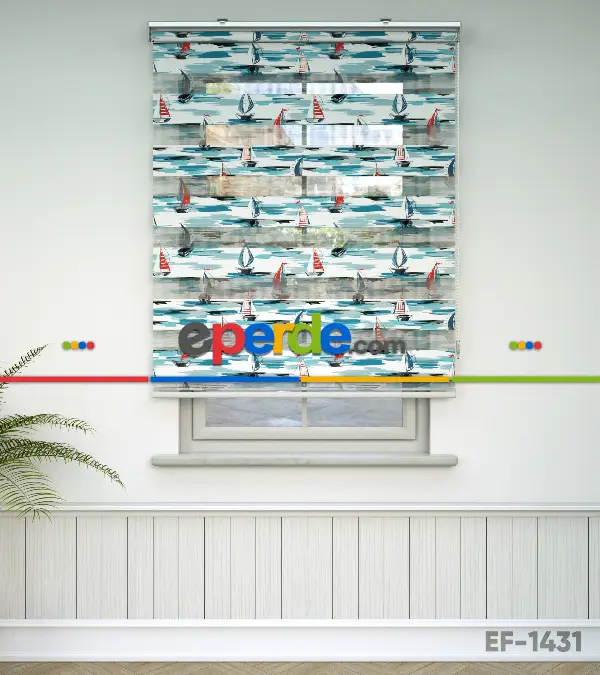 Çocuk Odası Zebra Perde - Yelkenli Desen Baskılı Zebra Perde- Çok Renkli