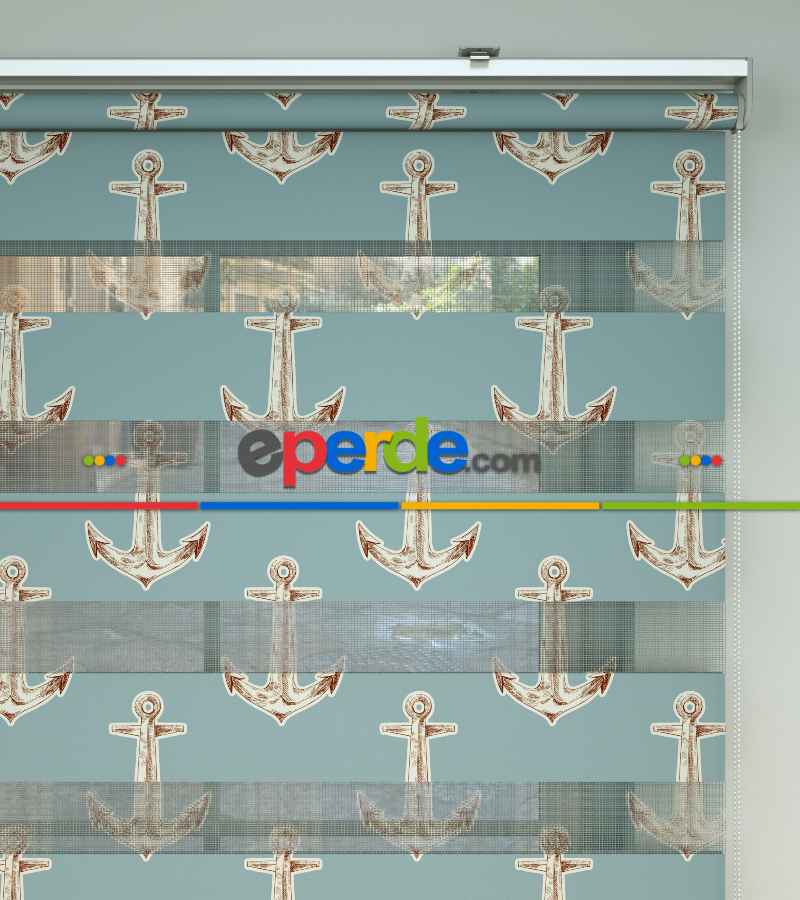 Bebek Odası Zebra Perde - Çapa Desen Baskılı Zebra Perde- Mavi-Kahverengi