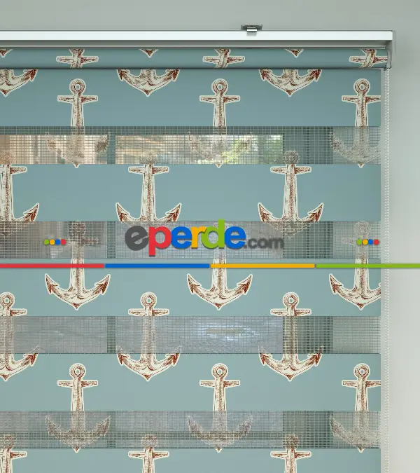 Bebek Odası Zebra Perde - Çapa Desen Baskılı Zebra Perde- Mavi-Kahverengi