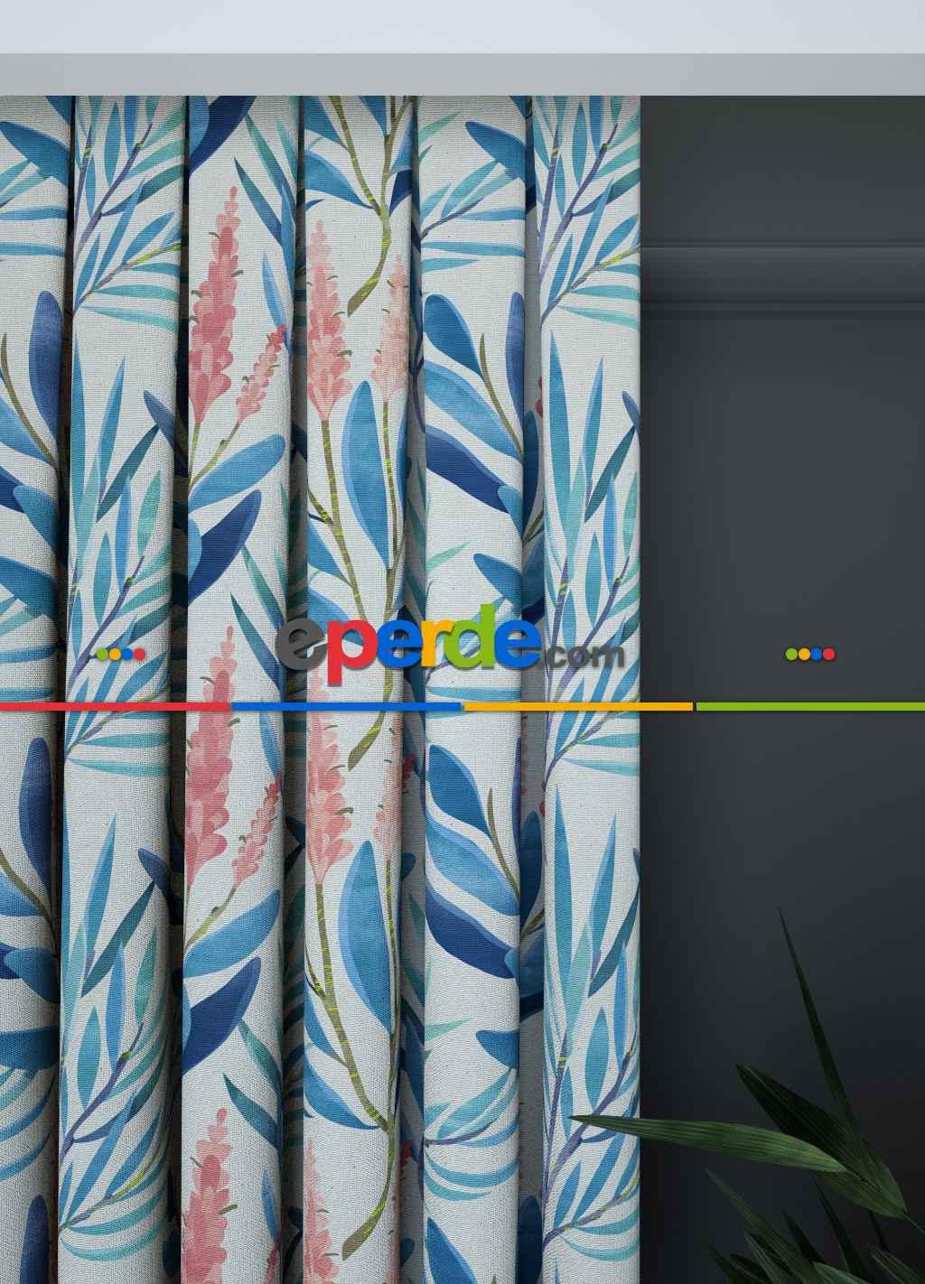 Geniş En Beyaz Zemin Açık Mavi Yaprak Desen Perde 1. Kalite