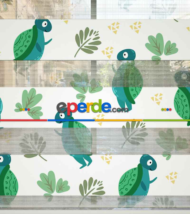 Kaplumbağa Desenli Baskılı Zebra Perde- Yeşil