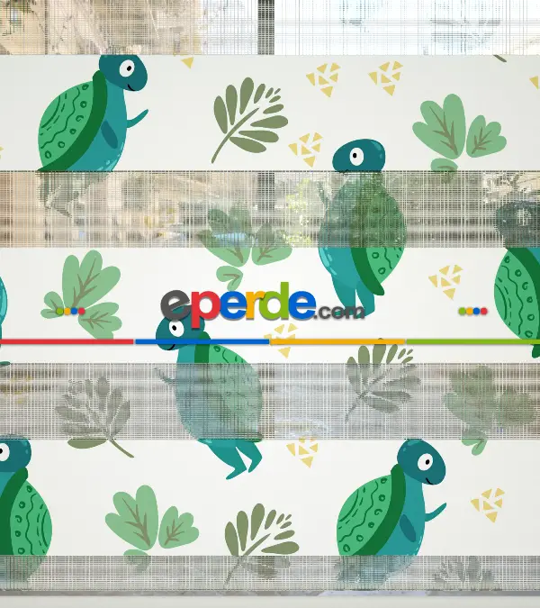 Bebek Odası Zebra Perde - Kaplumbağa Desenli Baskılı Zebra Perde- Yeşil