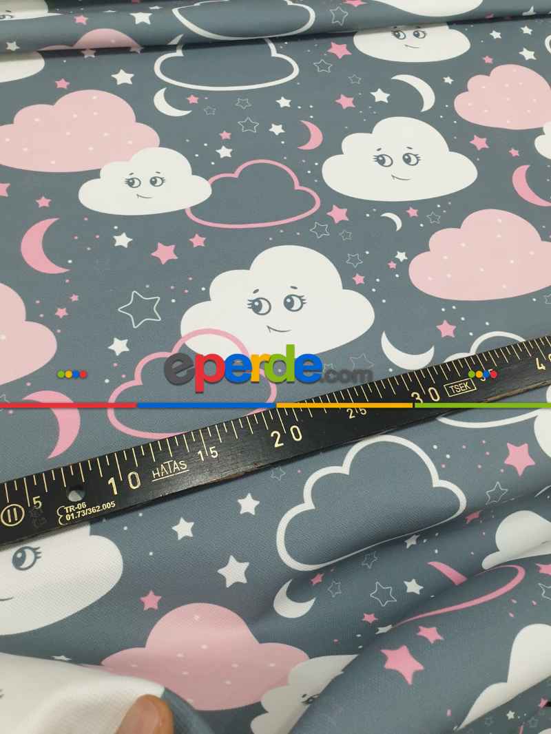 Bebek Odası Fon - Bulut Desenli Fon Perde Evm683-4 Kumaşı Kalındır Duck Bezi Değildir- Beyaz