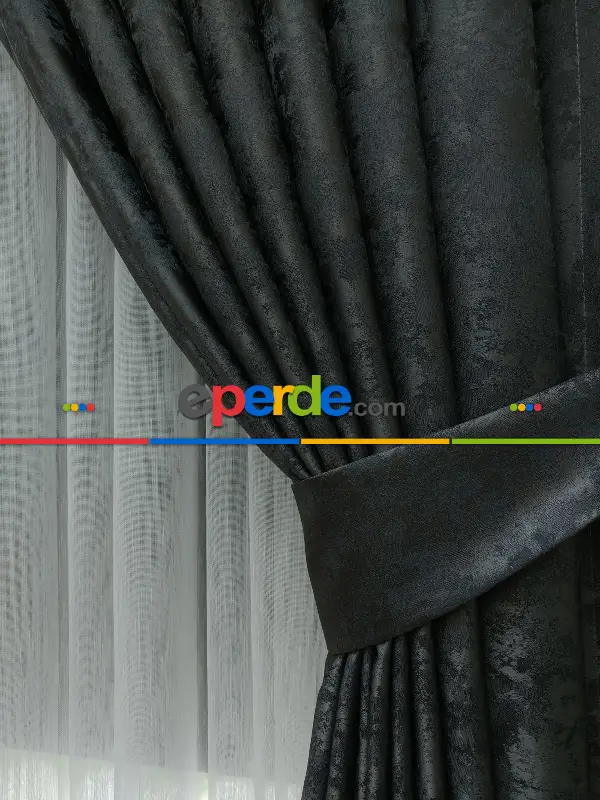 Antrasit Füme Renk Jakar Desenli Fon Perde- Antrasit