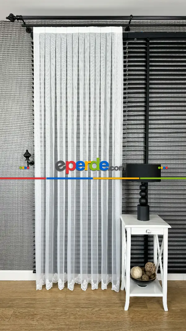 Ekru Etek Ucu Özel İplik Hafif Simli Brode İşlemeli Tül Perde - Ağır Gramajlı Premium Nakışlı