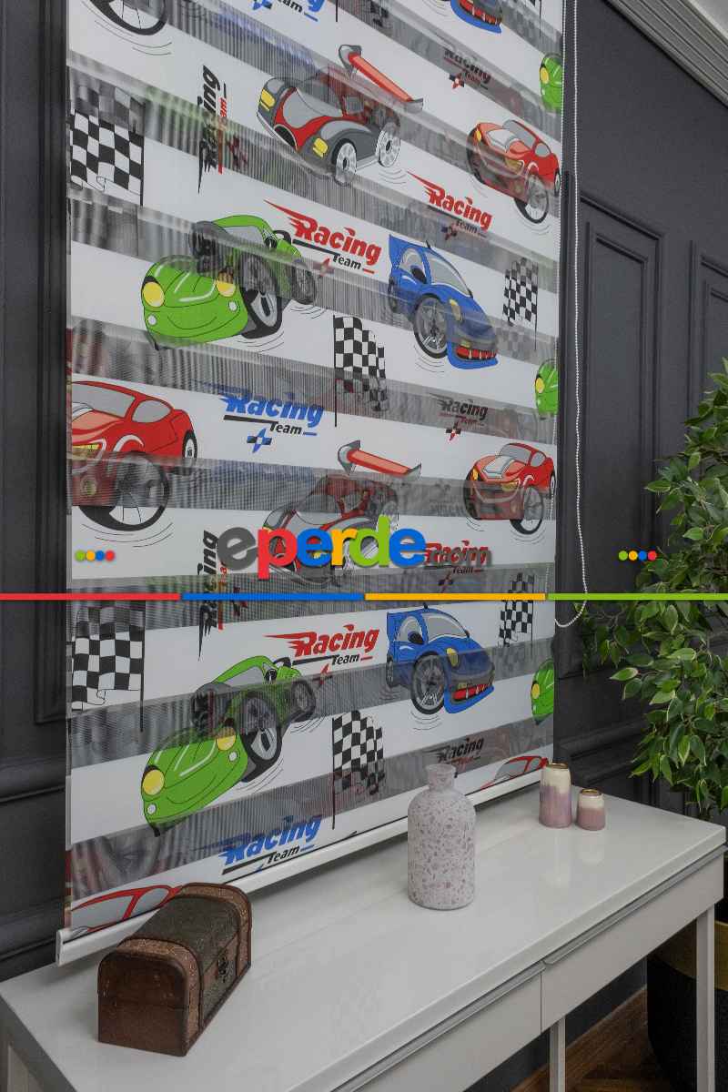 Erkek Çocuk Odası zebra Perde - Dijital Araba Baskılı Zebra Perde - Arabalar Desenli