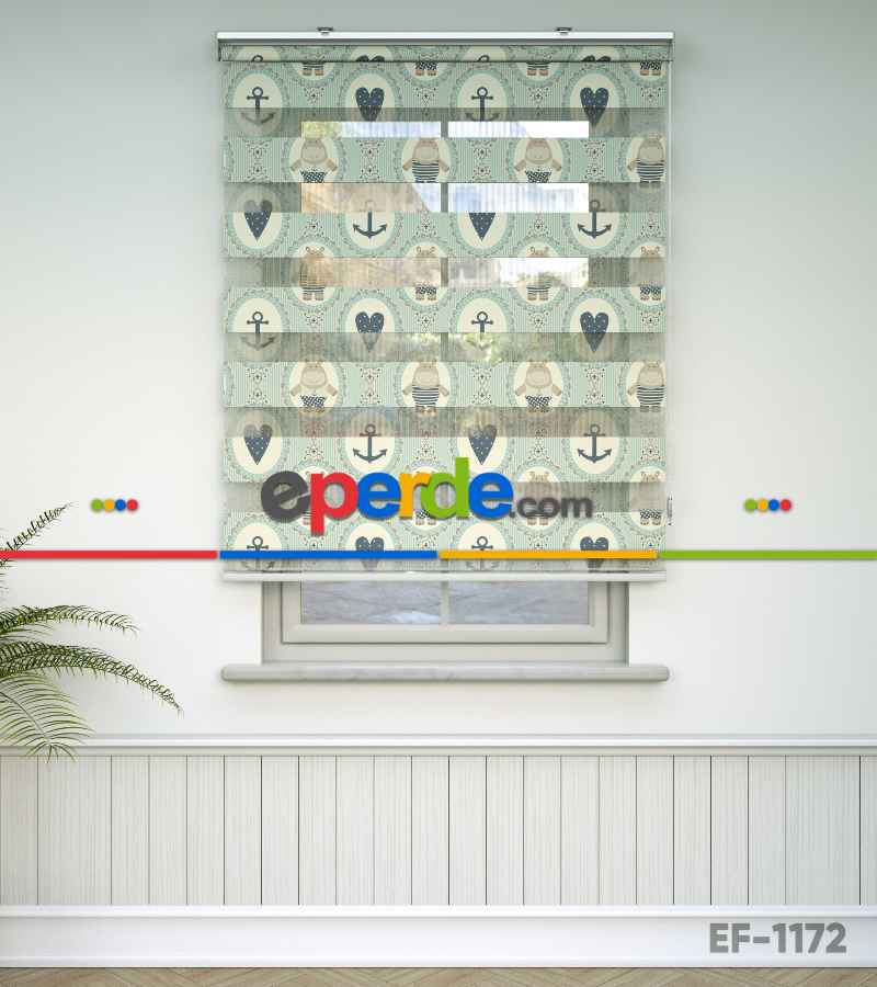 Çocuk Odası Zebra Perde - Çapa Ve Kalp Baskılı Zebra Perde- Gri-Füme-Antrasit-Beyaz-Su Yeşili