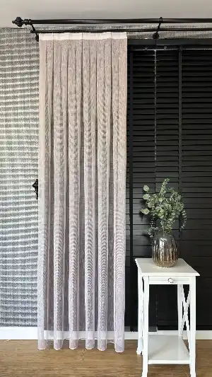 Yatak Odası Pudra Pembe Çizgili Naturel Keten Düz Tül Perde - Premium Kalite Serisi, Eteği Kurşunlu Tül