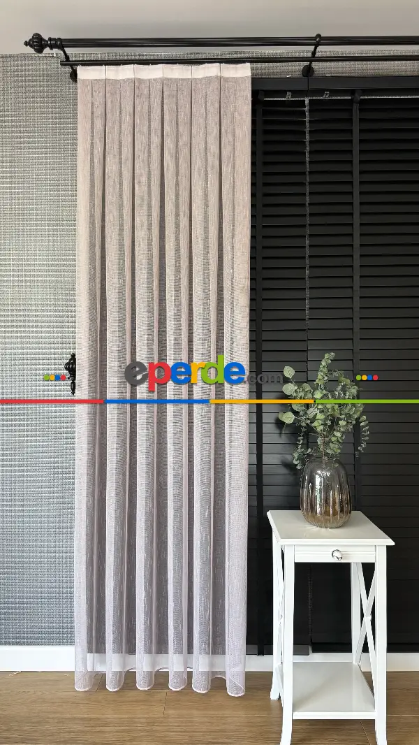 Bebek Odası Tül Perde - Pudra Pembe Çizgili Naturel Keten Düz Tül Perde - Premium Kalite Serisi, Eteği Kurşunlu Tül