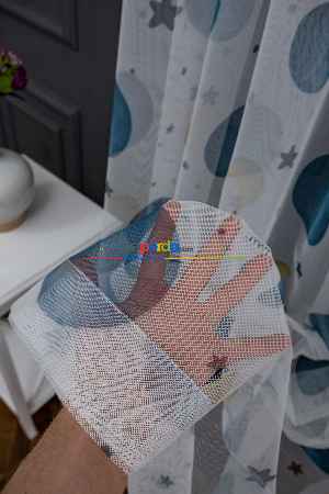 Hazır Ölçülü Petek Zemin Gece Mavisi Ve Sarı Renkli Gezegenler Desenli Grek Baskılı Tül Perde