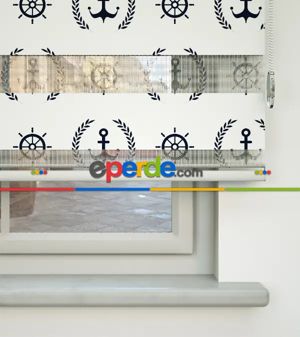 Bebek Odası Zebra Perde - Çapa Baskılı Zebra Perde- Mavi-Beyaz