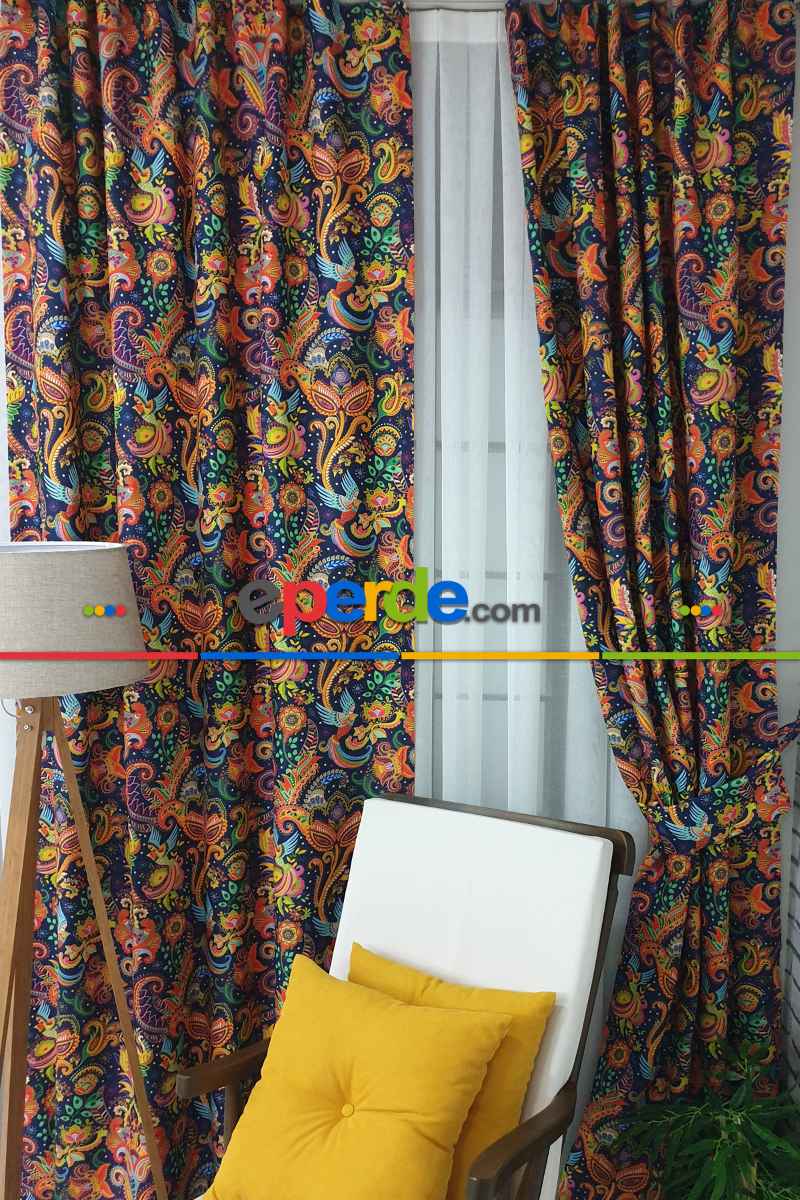 Etnik Desenli Fon Perde Evm452 _e - Kumaşı Kalındır Duck Bezi Değildir.- Lacivert-Mavi-Sarı-Kahve-Çok Renkli