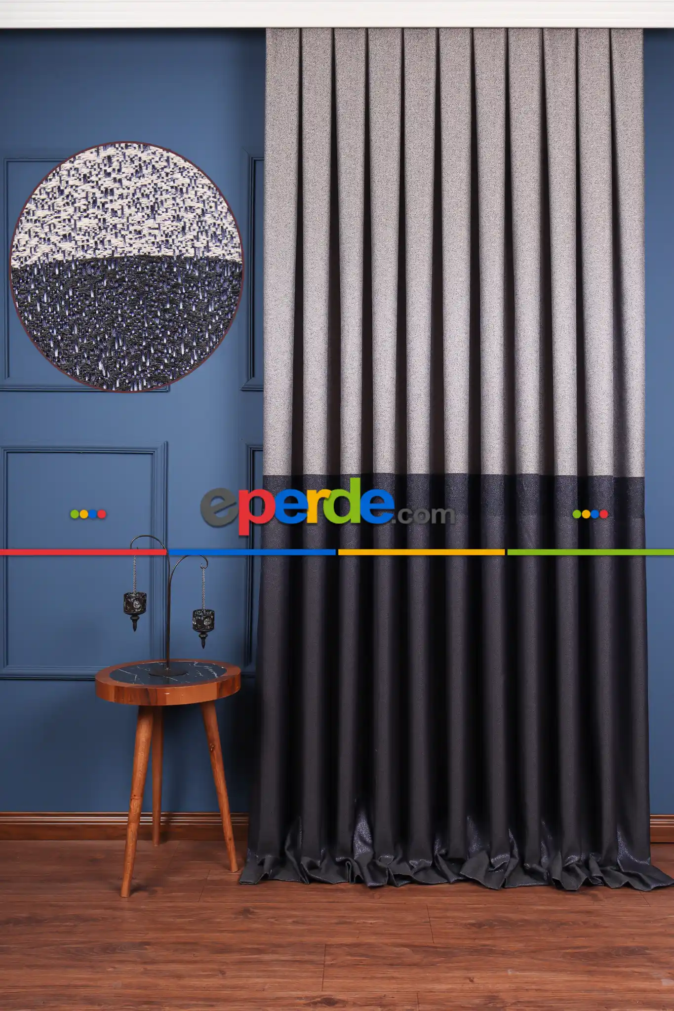 Salon Fon Perde - Bremen Lacivert-vizon Jakar Dokuma Pano Fon Perde