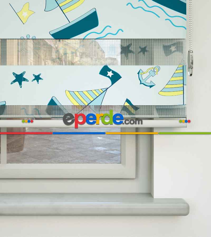 Çocuk Odası Zebra Perde - Gemi Desenli Baskılı Zebra Perde- Çok Renkli