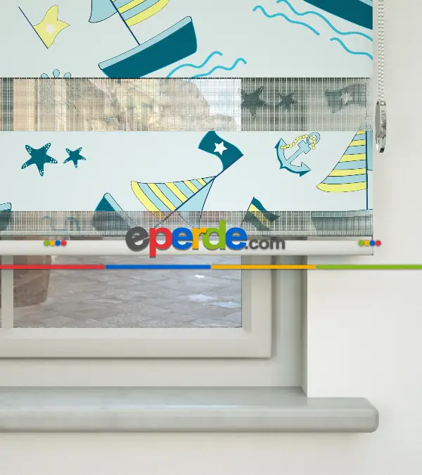 Bebek Odası Zebra Perde - Gemi Desenli Baskılı Zebra Perde- Çok Renkli