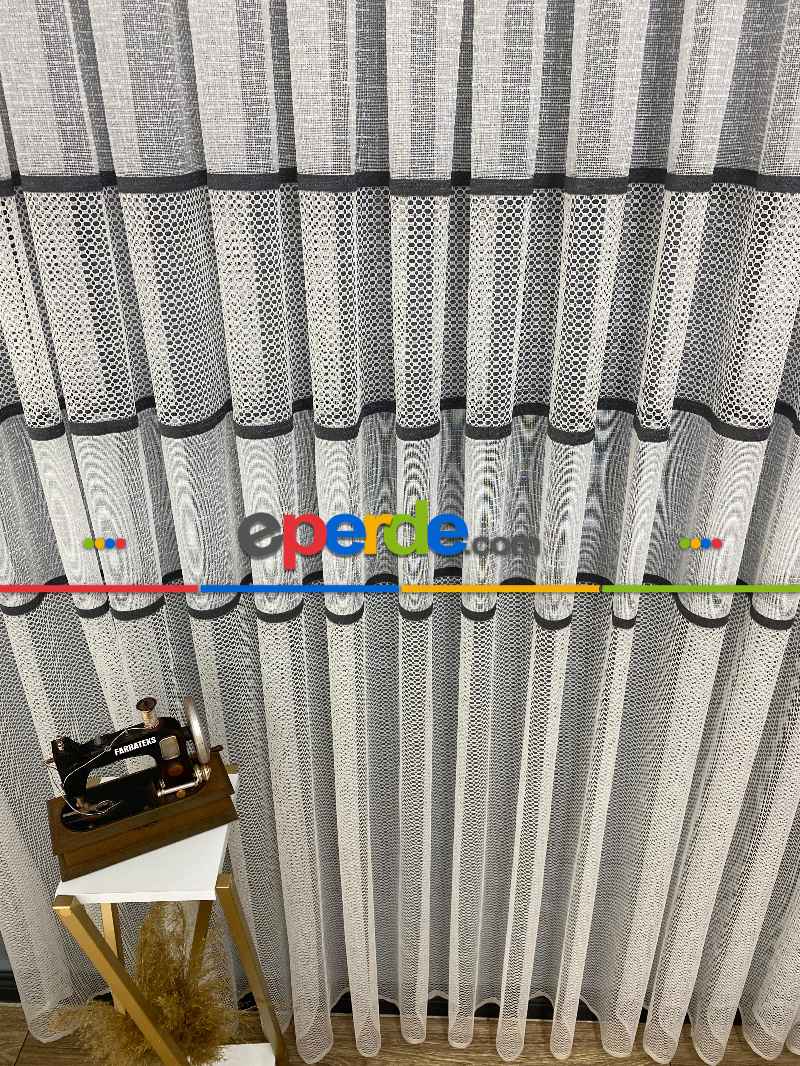 Siyah Beyaz Çizgili Tül Perde - Spor Desenli - Tül Perde - Örme Tül Perde - Ütü İstemeyen