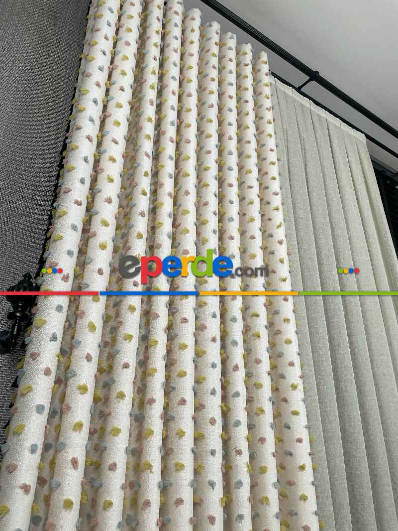 Salon - Krem Çok Renkli Ponponlu Jakar Dokuma, Premium Kalite Serisi Fon Perde
