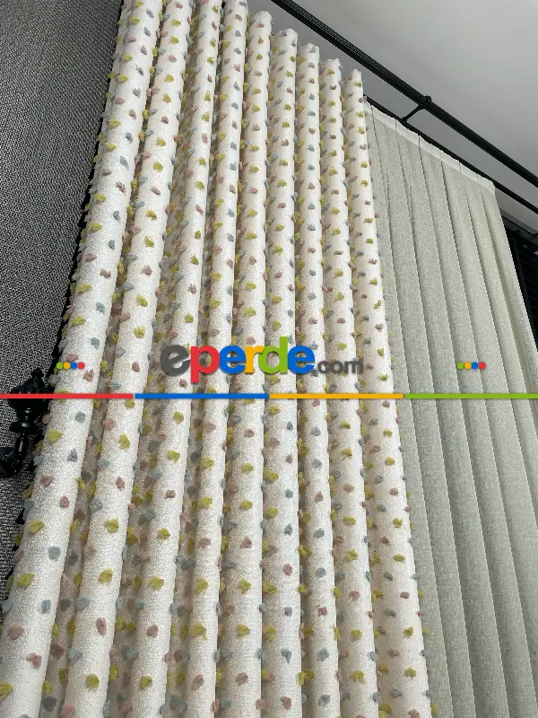 Yatak Odası - Krem Çok Renkli Ponponlu Jakar Dokuma, Premium Kalite Serisi Fon Perde